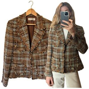 Vintage TAHARI Brown Wool Blend Tweed Plaid Knit Raw Hem Fringe Blazer Jacket
